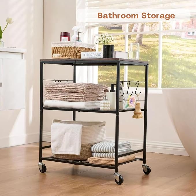 Rolling Kitchen Microwave Cart, 3 Tier Microwave Stand with Storage, Small Kitchen Island on Wheels, Wood and Mental Kitchen Shelf Rack, Black Organizer for Living Room, Office, Balcony