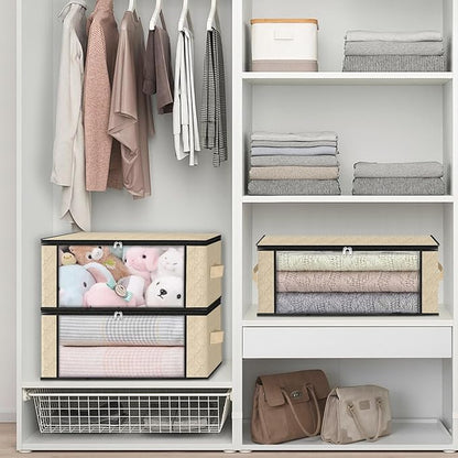HomeHacks Storage 10-Pack Clothes Organizer Storage Bags Foldable Storage Box with Large Clear Window Sturdy Handles for Closet, Dorm, Pillows, Bedding, Clothes, Blankets, 35L, Beige