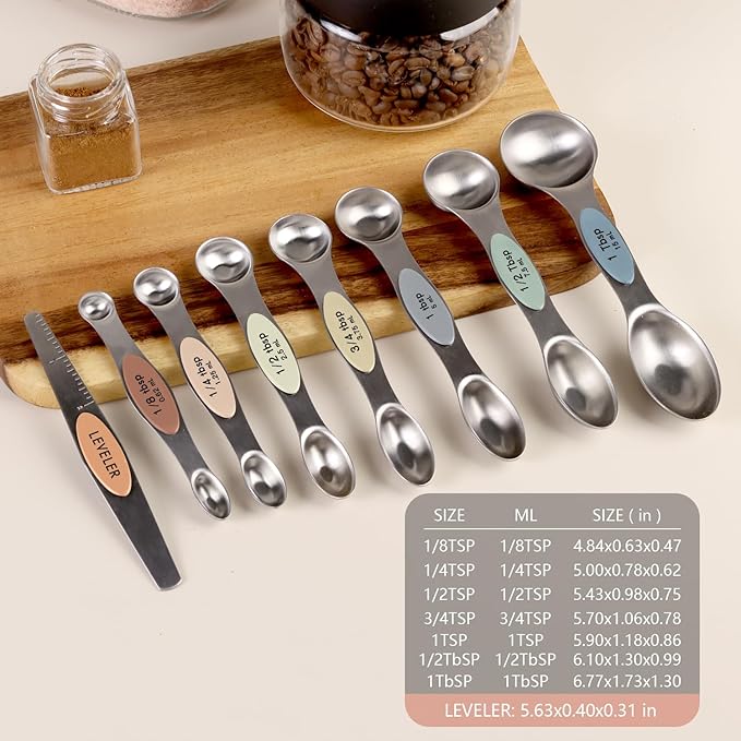 ChefAide Pack of 8 Stainless Steel Magnetic Measuring Spoons Set, Dual Sided, Stackable, Adjustable Teaspoon and Tablespoon Measure Spoon with Leveler, Kitchen Gadgets