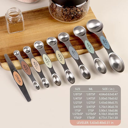 ChefAide Pack of 8 Stainless Steel Magnetic Measuring Spoons Set, Dual Sided, Stackable, Adjustable Teaspoon and Tablespoon Measure Spoon with Leveler, Kitchen Gadgets