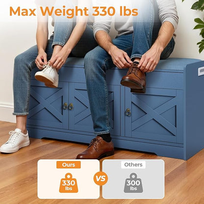 Farmhouse Shoe Storage Bench, Entryway Bench with Cushion Seat, Lift Top Storage, Adjustable Shelf, 3 Doors, 330 lbs Capacity, Storage Bench for Entryway, Bedroom, Living Room (Blue)