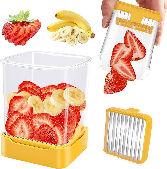 Fruit Slicer Cup for Strawberry, Banana, Hard-Boiled Egg - Detachable Cutter with Push Plate - Rapid & Safe Slicing Kitchen Gadget for Quick Meal Prep (Yellow)