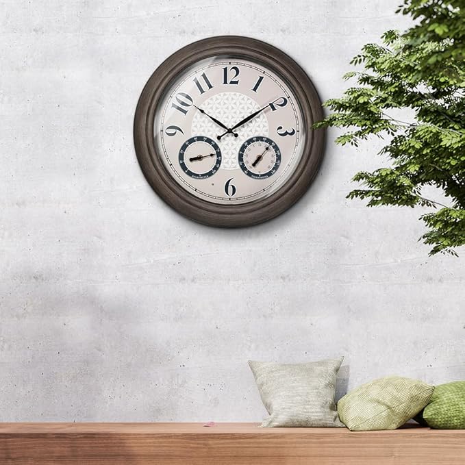 Presentime & Co. 18 Inch Illuminated Outdoor Clock, Waterproof Lighted Large Wall Clock with Thermometer & Hygrometer, Elegant & Vintage Home Decor for Garden, Patio, Pool, Grey Oak Finish