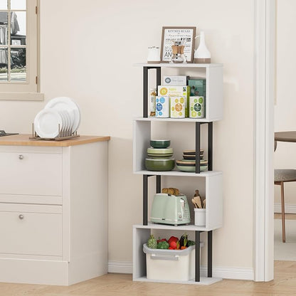 Gadroad 4-Tier Bookshelf, Narrow S-Shaped Geometric Bookcase, Wood Decorative Storage Shelving, Modern Freestanding Display Shelves, Book Shelf Unit for Living Room Bedroom Home Office, White