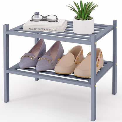Smiry Small Bamboo Shoe Rack 2-Tier, Stackable Wooden Shoe Organizer for Entryway & Closet, Free Standing Wood Shoe Storage Shelf for Front Door & Small Spaces, Grey