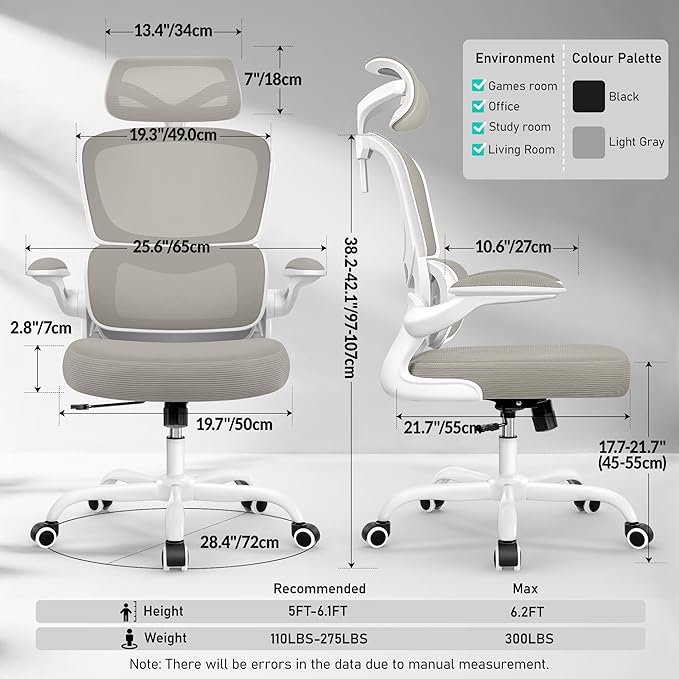 High Back Ergonomic Office Chair, Breathable Mesh Desk Chair with Lumbar Support, Adjustable Headrest, Flip-up Armrests, Computer Gaming Chair, (LightGray, 1Pack)