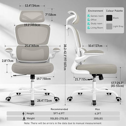 High Back Ergonomic Office Chair, Breathable Mesh Desk Chair with Lumbar Support, Adjustable Headrest, Flip-up Armrests, Computer Gaming Chair, (LightGray, 1Pack)