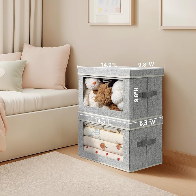 Homsorout Storage Boxes with Lids - 3 Pack Fabric Clear Window Storage Bins, Collapsible Storage Bins with Lids, Linen Closet Organizer for Clothes, Towel, Blanket, Light Grey