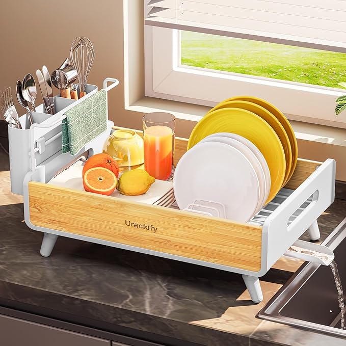 Urackify Dish Drying Rack for Kitchen Counter - Stainless Steel & Bamboo Dish Rack with Large Removable Utensil Holder, Dish Drainer with Adjustable Automatic Spout, White