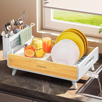 Urackify Dish Drying Rack for Kitchen Counter - Stainless Steel & Bamboo Dish Rack with Large Removable Utensil Holder, Dish Drainer with Adjustable Automatic Spout, White