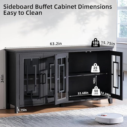 Large Sideboard Buffet Cabinet with Storage, 63" Black Farmhouse Kitchen Coffee Wine Bar Cabinet with 4 Glass Doors, Mid Century Modern Wooden Side Board Table for Dining Room, Living Room