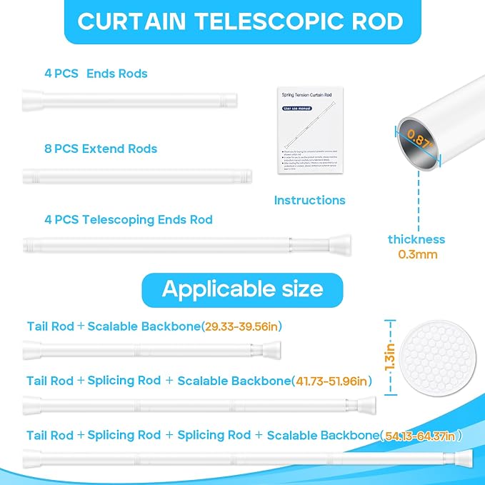 MEXAU 4 Pack White Tension Curtain Rod for Windows 30 To 64 Inch White Tension Rod 7/8" Adjustable Spring Curtain Rod No Drilling Tension Shower Curtain Rods for Closet Doorways
