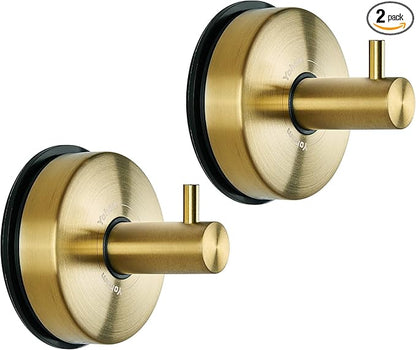 YOHOM Suction Cup Hooks for Shower Towel Holder Stainless Steel Vacuum Bathroom Shower Hook Suction Washcloth Hanger Kitchen Towel Rack for Robe Loofah Wreath Glass Door Window Wall Brushed Gold 2Pcs