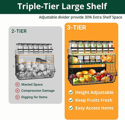 Magnetic Shelf for Fridge with Wood Lid, Fruit Potato and Onion Storage Bins, Kitchen Large Container Magnetic Spice Rack for Refrigerator, Kitchen Counter, Tools, Snack (BLACK, 2 Pack)