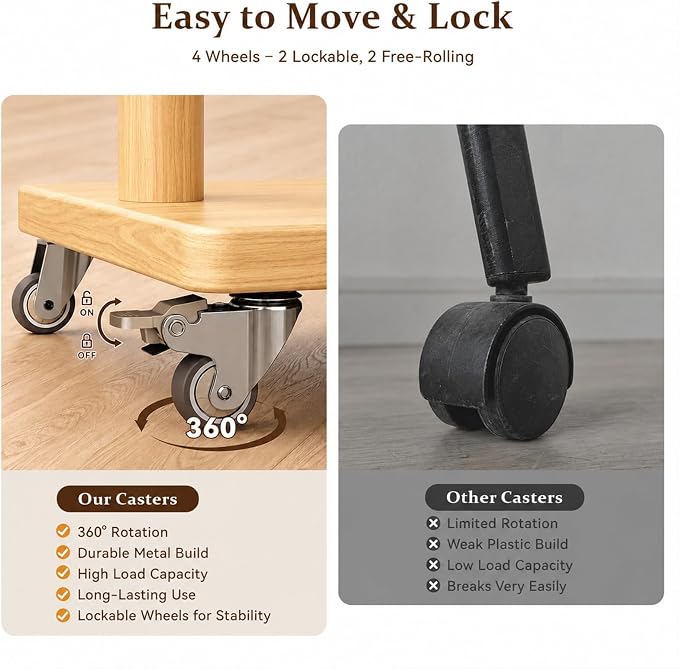 Solid Wood Coat Rack Freestanding Clothing Rack with Wheels & 2 Shelves Storage & 5 Hooks Heavy Duty Clothes Rack Wood Coat Tree Stand Hat Hanger Rack for Corner Bedroom Entryway Living Room Hotel