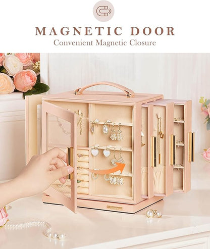 Homde Jewelry Box 360° Rotating, Necklace Earring Organizer with Transparent Window, Mirror, 7 Drawers, Large Ring Display Storage Case for Girls Women (Peach Pink)