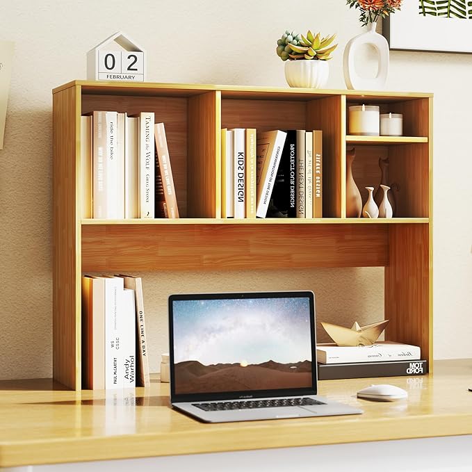 Desk Hutch, Desktop Shelf with 4 Shelves, Desk Bookshelf w/Anti-Toppling Devices, Wood Table Top Bookshelf Organizer, Small Desk Shelf for Study, Office, Dorm (Burlywood, 4 Shelves)