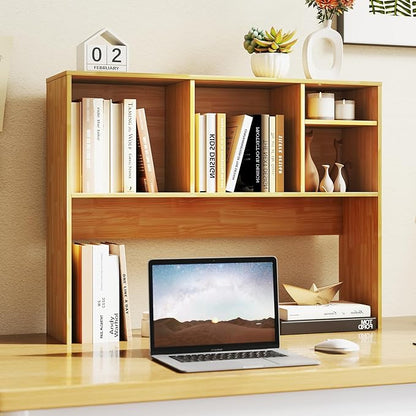 Desk Hutch, Desktop Shelf with 4 Shelves, Desk Bookshelf w/Anti-Toppling Devices, Wood Table Top Bookshelf Organizer, Small Desk Shelf for Study, Office, Dorm (Burlywood, 4 Shelves)