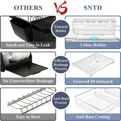 SAYZH Dish Drying Rack - Stainless Steel Dish Rack for Kitchen Counter, Large-Capacity Dish Drainer with Cutlery Holder, Kitchen Organizer for Dishes, Spoons and Forks, White