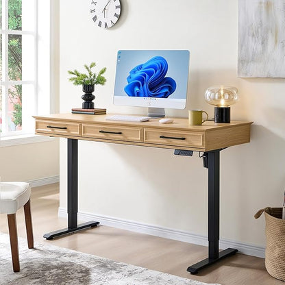 Electric Standing Desk with 3 Storage Drawers, 55x22 Inch Adjustable Height Office Computer Desk w/One-Piece Desktop & Power Outlets,Sit to Stand Up,Gaming Table for Study and Home, Natural Oak
