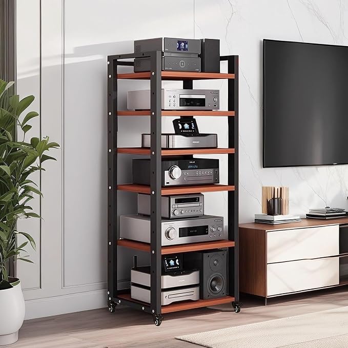 6 Tier AV Media Stand, 55in Audio Rack Tower Stereo Components Cabinet, Home Theatre CD Record Player Stereo Receiver Equipment Rack with Adjustable Wood Shelves, Load 400lbs (Teak Brown)