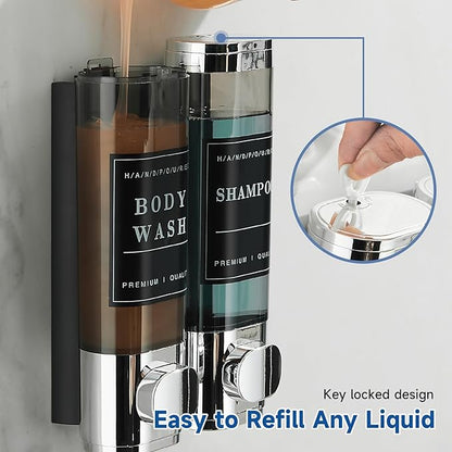 Shower Soap Dispenser 2 Chamber No Drill Wall-Mounted Shampoo Dispenser for Shower Wall Mounted Shower Dispenser for Bathroom Hotel Large Capacity,Chrome1