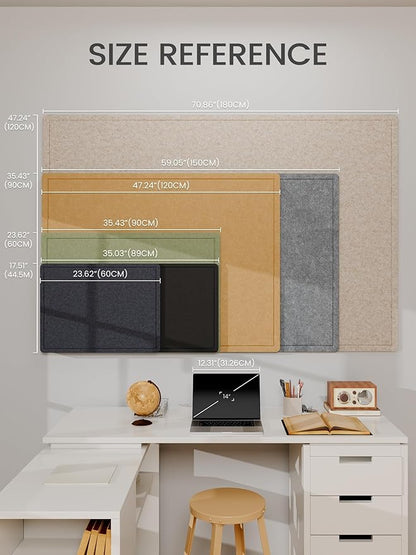 Fluxynara Bulletin Board,35.4" x 23.6" Cork Board Alternative with 12 Safe Removable Adhesive Tabs, Foldable Felt Pin Board for Home Office, Classroom, Bedroom,Entryway for Walls— Sage