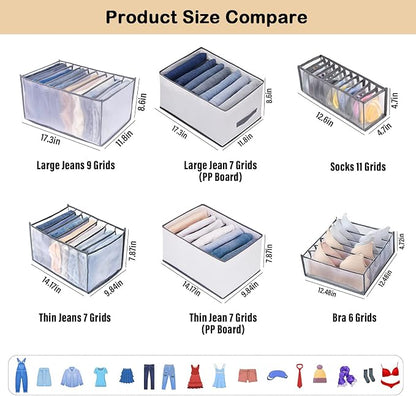 TIGARI Wardrobe Clothes Organizer, Drawer Organizers for Clothing, Closet Storage Organizer, Dresser Drawer Organizers for Thin Jeans, Trousers, T-shirts, Skirts (Gray,3 Pcs Large)