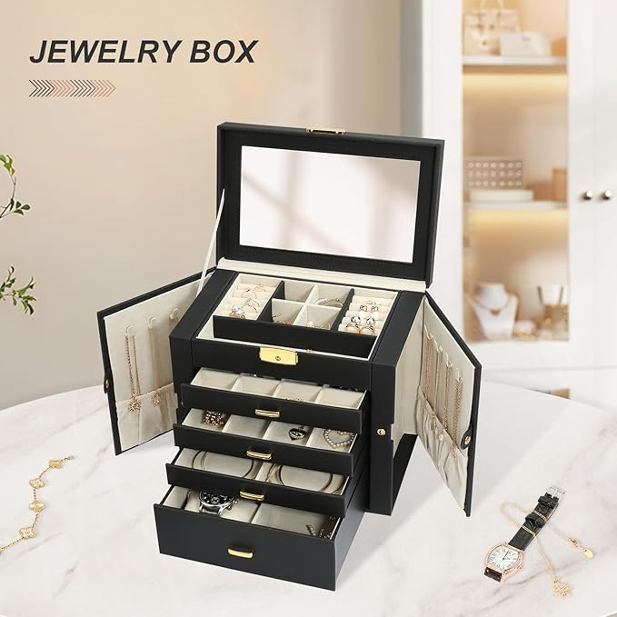 Jewelry Box for Women, 5-Layer Jewelry Organizers Box, Large Jewelry Storage Box for Girls, Jewelry Holder Organizers Gift for Valentine's Day, Christmas, New Year (Black)