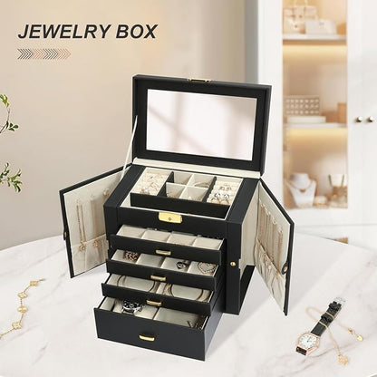 Jewelry Box for Women, 5-Layer Jewelry Organizers Box, Large Jewelry Storage Box for Girls, Jewelry Holder Organizers Gift for Valentine's Day, Christmas, New Year (Black)