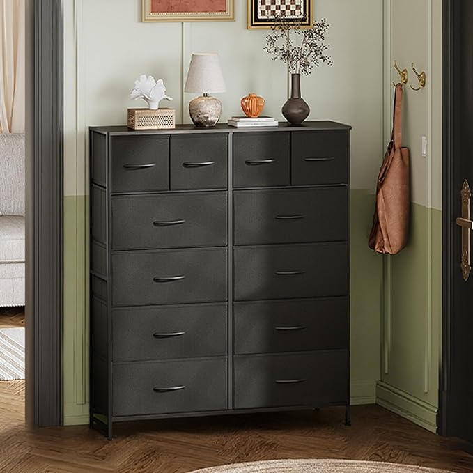 Tall Console Table with 12 Fabric Drawers, Tall Storage Organizer with Wood Top, Entryway Table with Storage, Steel Frame for Living Room, Hallway, Office, Charcoal Black
