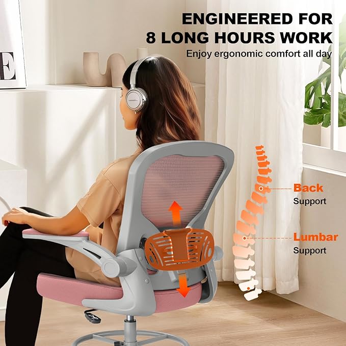 Ergonomic Drafting Chair, Tall Office Chair with Flip-up Armrests, Breathable Mesh High Desk Chair with Lumbar Support Adjustable Footrest Ring for Standing Desk Pink