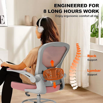 Ergonomic Drafting Chair, Tall Office Chair with Flip-up Armrests, Breathable Mesh High Desk Chair with Lumbar Support Adjustable Footrest Ring for Standing Desk Pink