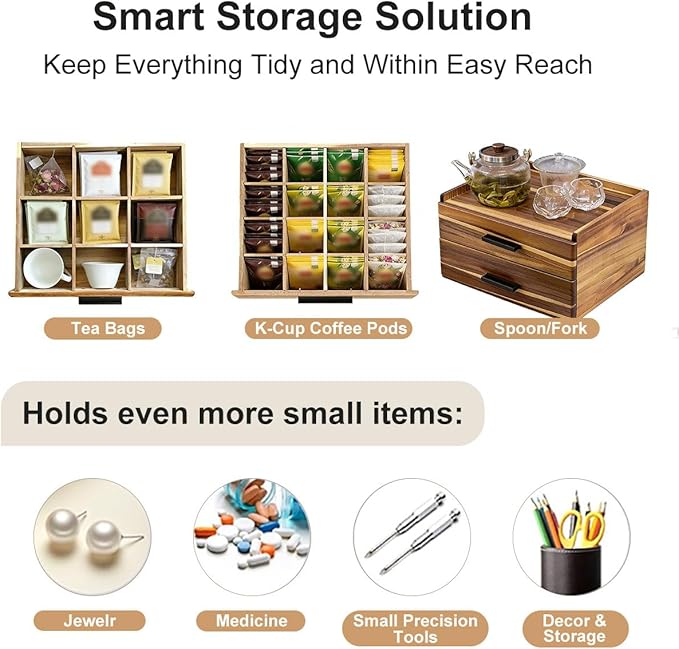 Double Drawer Acacia Wood Tea Bag Organizer, 21-Slot Tea Organizers and Storage, Tea Box Organizer Storage Box for Countertop Office Coffee Corner – Bring Warmth and Order to Your Tea Corner