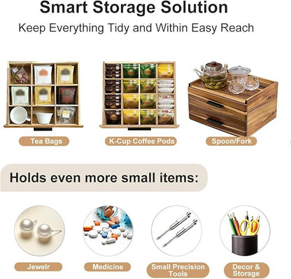 Double Drawer Acacia Wood Tea Bag Organizer, 21-Slot Tea Organizers and Storage, Tea Box Organizer Storage Box for Countertop Office Coffee Corner – Bring Warmth and Order to Your Tea Corner