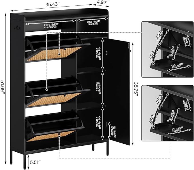 Rattan Wooden Shoe Cabinet, Freestanding 3-Flip Drawer Shoe Storage Organizer, Side Cabinet & Top Fence, Easy Assembly Shoe Rack for Entryway Hallway Living Room,Black