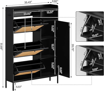 Rattan Wooden Shoe Cabinet, Freestanding 3-Flip Drawer Shoe Storage Organizer, Side Cabinet & Top Fence, Easy Assembly Shoe Rack for Entryway Hallway Living Room,Black