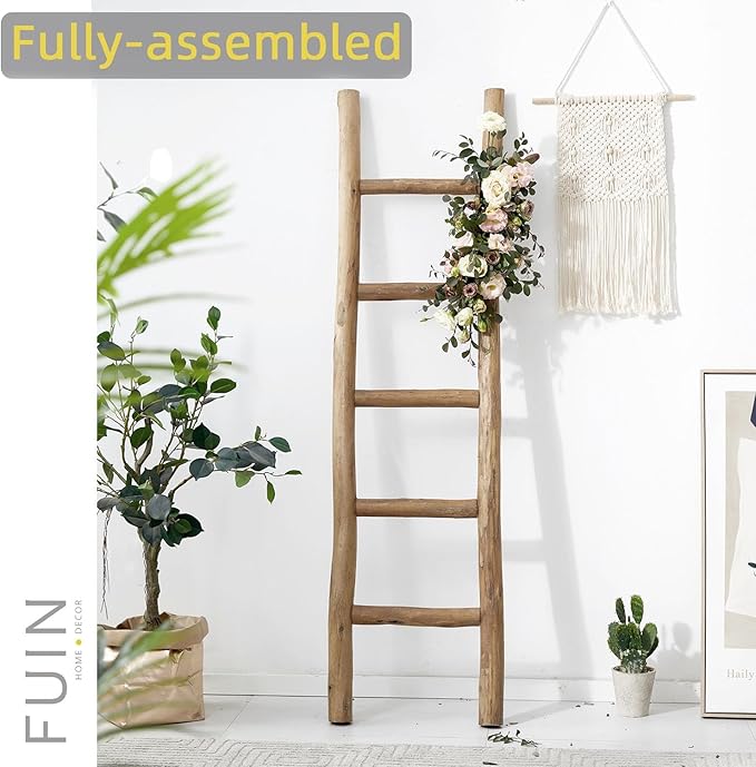 FUIN Fully Assembled 57in Wood Blanket Ladder Living Room Decorative Wall Leaning Farmhouse Quilt Display Holder Rustic Wooden Towel Rack for Bathroom