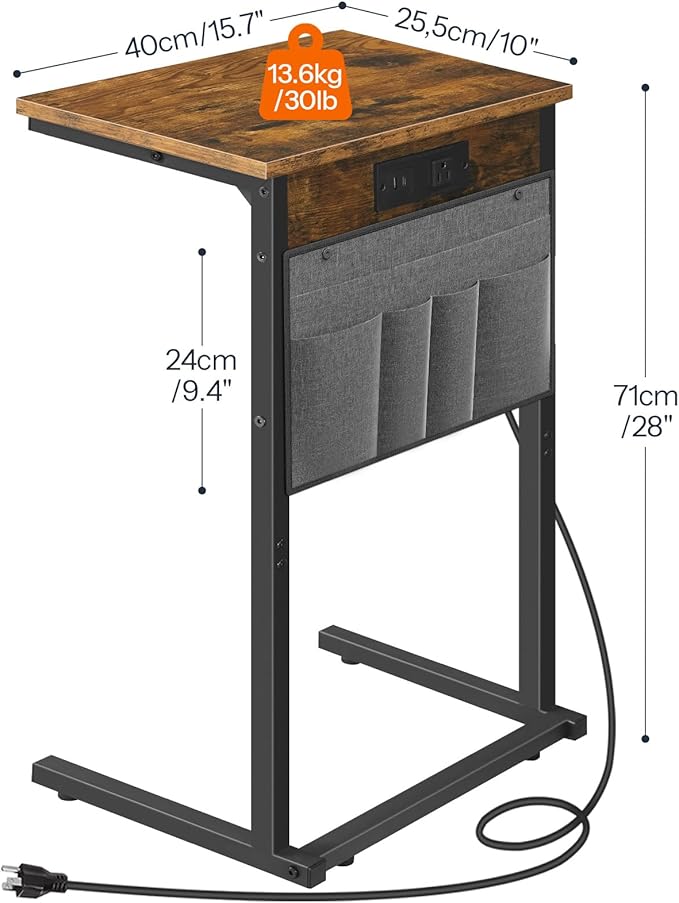 HOOBRO C Shaped End Table Set of 2 with Charging Station, 28" H Couch Side Tables for Small Spaces, Slide Under Sofa Tray Recliner Tables with Storage Bag for Living Room, Rustic Brown BF70USFP201