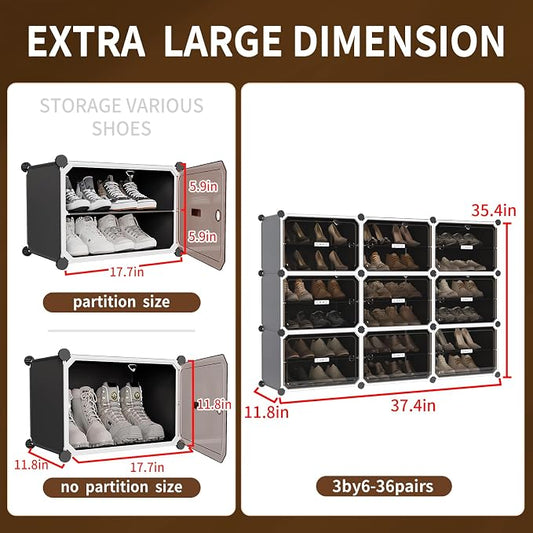 MAGINELS 6-Tier Shoe Rack,Expandable Plastic Shoe Cabinet. Shoe Storage with Door,Entryway, Closets, Hallway, and Bedroom.Accommodates Up to 24 Pairs of Shoes.Grey (3 by 6)