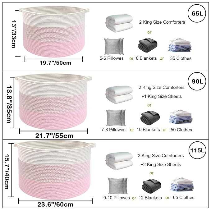 90L Extra Large Blanket Basket,Woven Rope Laundry Basket Hamper with Handles, Decorative Nursery Basket Storage Bin for Toys, Clothes Organizer, Living Room, Bedroom, Bathroom, Pink