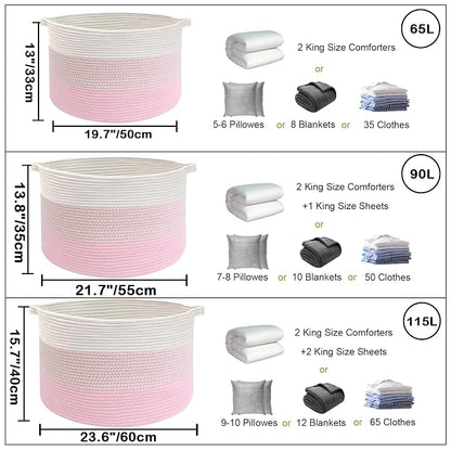 90L Extra Large Blanket Basket,Woven Rope Laundry Basket Hamper with Handles, Decorative Nursery Basket Storage Bin for Toys, Clothes Organizer, Living Room, Bedroom, Bathroom, Pink