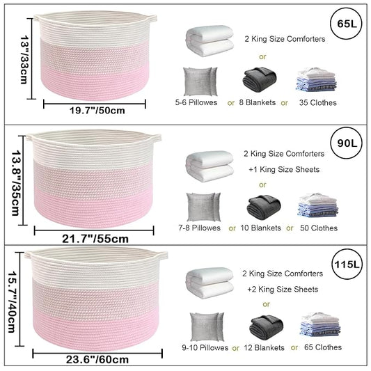 115L Extra Large Blanket Basket,Woven Rope Laundry Basket Hamper with Handles, Decorative Nursery Basket Storage Bin for Toys, Clothes Organizer, Living Room, Bedroom, Bathroom, Pink