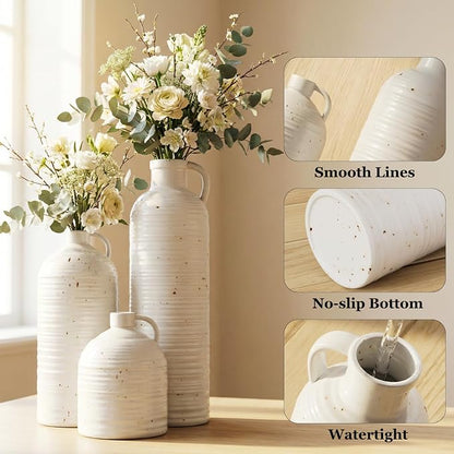 Firehold Ceramic Vase Set of 3, Rustic Farmhouse Boho Vases, Textured Country Home Decor, Small Decorative Vases for Shelves Mantel Table, Gift Set for Dried Pampas Grass & Fresh Flowers (White)