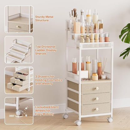Makeup Organizer Storage with Drawers, 13 Inch Bathroom Stand Large Floor Rolling Skincare Organizer Cart, 3-Tier Vanity Tray Stand for Cosmetics, Nail Polish, Perfume Display Cases Holder