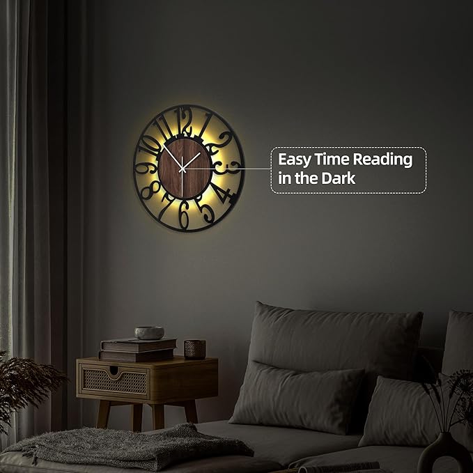 20'' Silent Wall Clock with Night Light, Glow in The Dark Decorative Wall Clock Battery Operated, Rustic Modern Metal & Wood Clocks for Bedroom Living Room Decor, Arabic Numerals