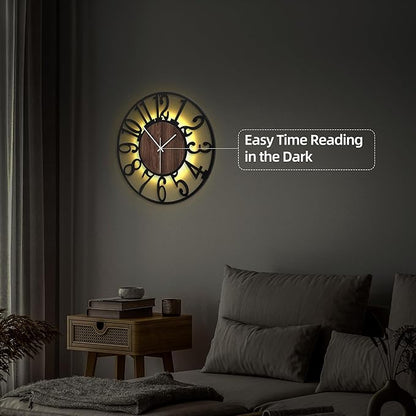 20'' Silent Wall Clock with Night Light, Glow in The Dark Decorative Wall Clock Battery Operated, Rustic Modern Metal & Wood Clocks for Bedroom Living Room Decor, Arabic Numerals