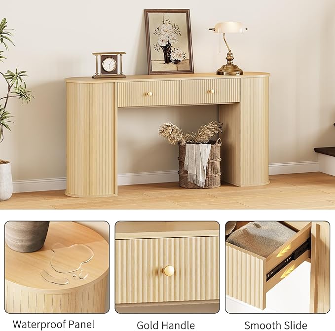 59" Fluted Console Table with 2 Drawers - Wood Entryway Table with Storage, Long Modern Sofa Tables Behind Couch with Curved Leg for Living Room, Entry, Hallway, Entrance, Foyer, Natural