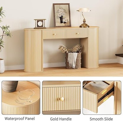 59" Fluted Console Table with 2 Drawers - Wood Entryway Table with Storage, Long Modern Sofa Tables Behind Couch with Curved Leg for Living Room, Entry, Hallway, Entrance, Foyer, Natural