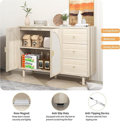 Beige 2 Door 3 Drawer Rattan Cabinet, Accent Storage Cabinets with Cane Door, Stylish Boho Buffet Table with Storage,Black Rattan Cabinet Wood Credenza for Dining Room,Bathroom,Study,Kitchen